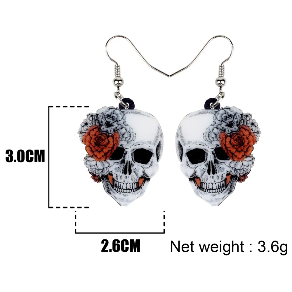 Bonsny Acrylic Halloween Rose Flower Skull Earrings Drop Dangle Big Long Fashion Punk Jewelry For Women Girls Ladies Accessories