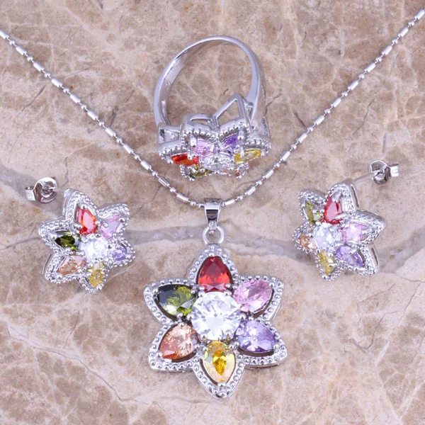Sweet Multigem Multicolor Yellow Cubic Zirconia Silver Plated Jewelry Sets Earrings Pendant Ring S0434