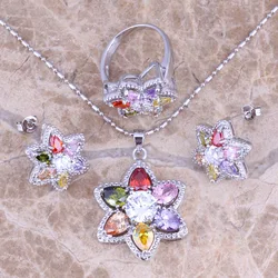 Sweet Multigem Multicolor Yellow Cubic Zirconia Silver Plated Jewelry Sets Earrings Pendant Ring S0434