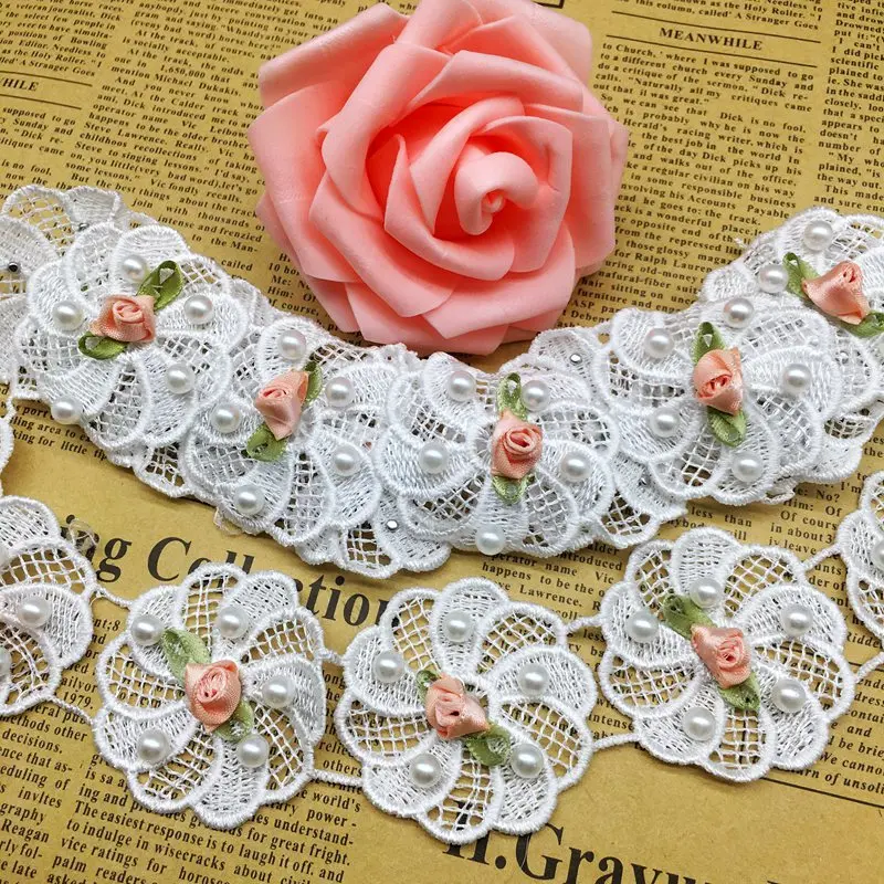 10X للذوبان زهرة الورد اللؤلؤ المطرزة شبكة الفرنسية الدانتيل تقليم الشريط النسيج لوازم الخياطة الحرفية لفستان مُصمم حسب الطلب قبعة ديكور #3