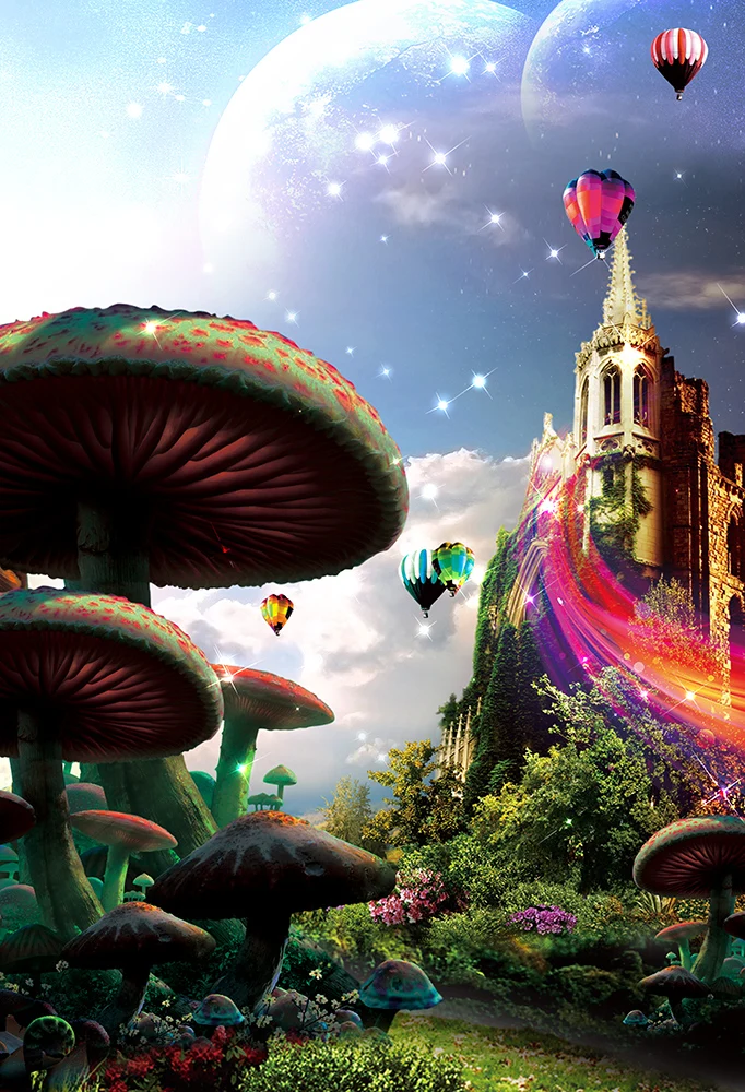  Fairy Forest Photo Backdrops for Photography Castle Glitter Sky Backgrounds Hot Air Balloons Mushroom Props MW-309