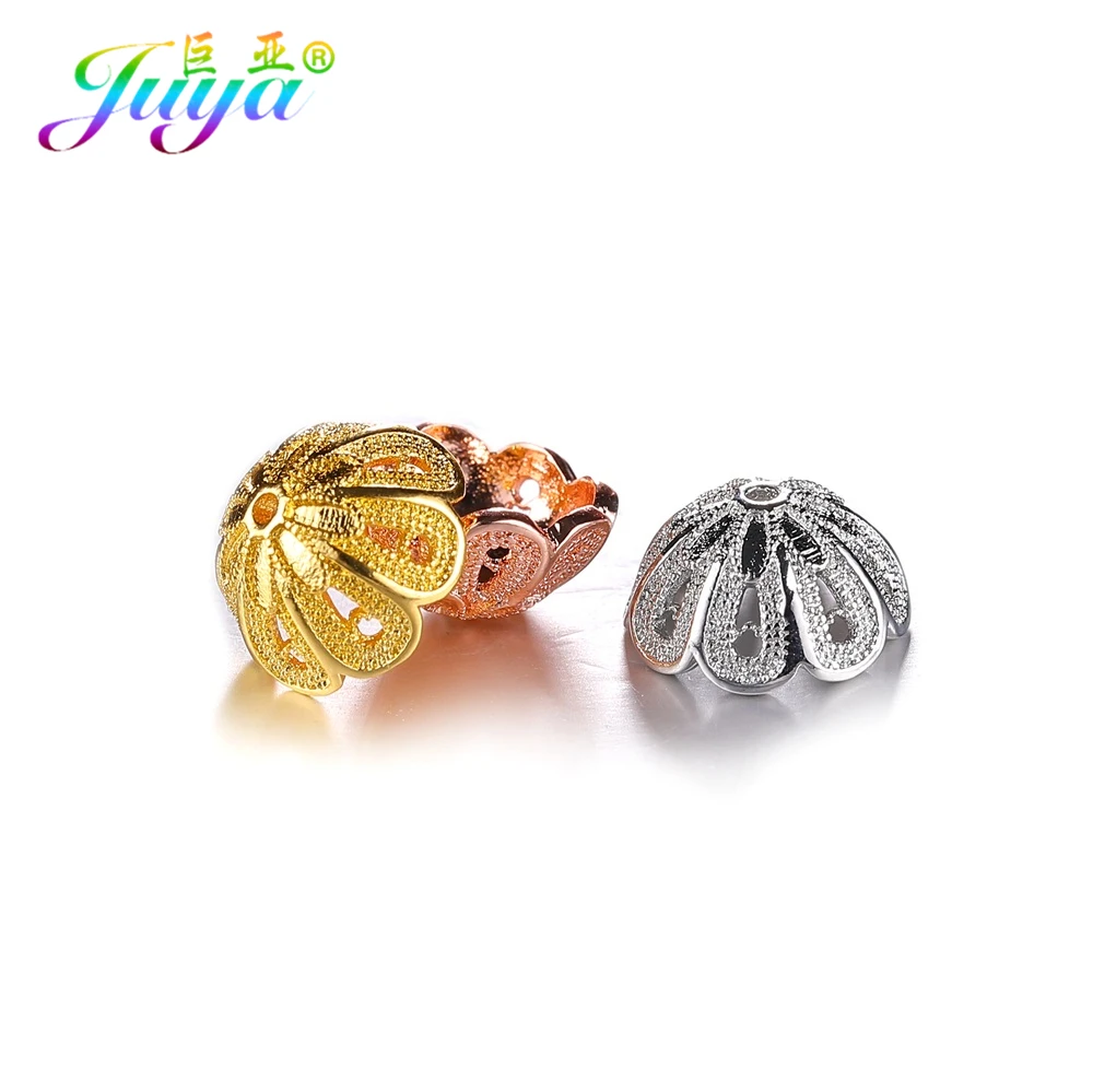 Juya DIY Gold Silver Plate Copper Flower Oval Bead Caps Accessories For Handmade Pearls Natural Stones Earrings Necklaces Making