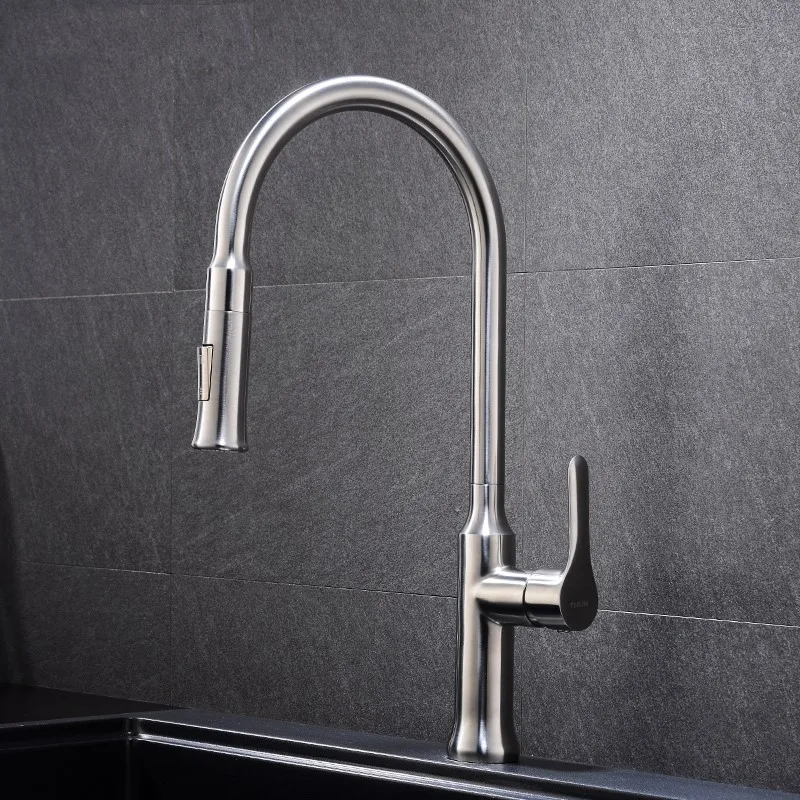 High quality Lead-Free  Single Lever Pull-down Kitchen Faucet With Dual-function pull-down spray head Stainless Steel Finish