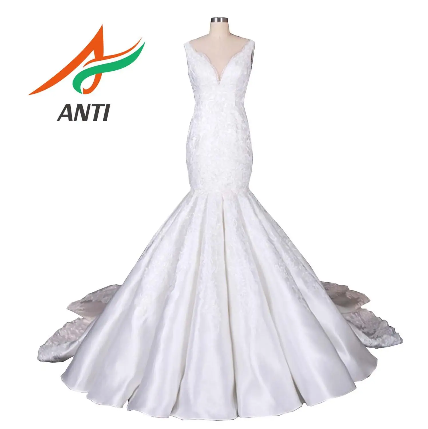 CHỐNG Nàng Tiên Cá Đầm Dự Tiệc Không Tay 2019 Vestidos de novia Vintage Phối Ren Satin Cổ V Cô Dâu Hở Lưng Áo Cưới gelinlik