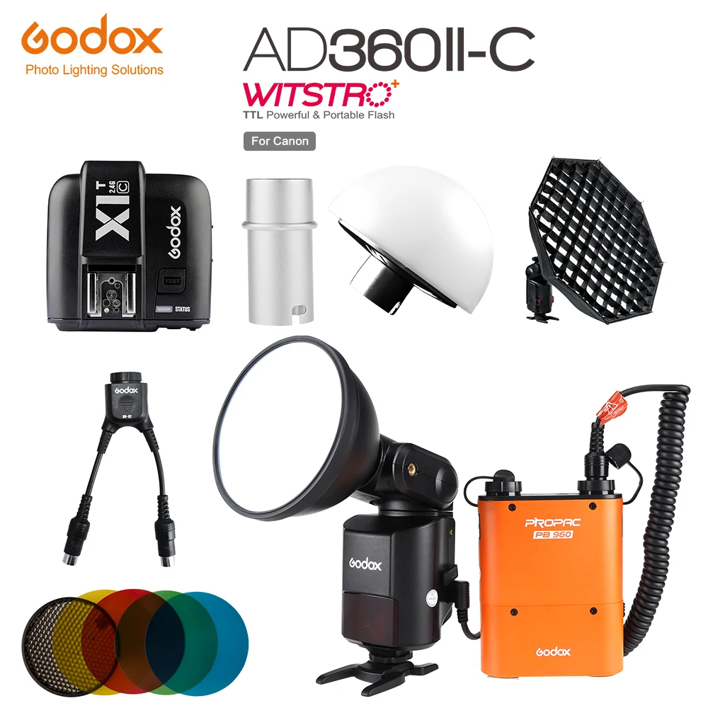 Godox Outdoor Powerful Speedlite Flash AD360II-C TTL +PB960 Power Pack Orange or Black+X1T-C TTL Transmitter+AD-S7 Softbox