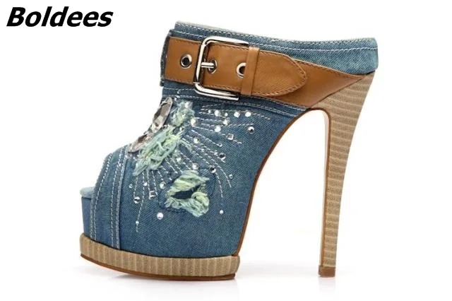 Boldees New Arrival Blue Denim Platform Slippers Women Stylish Jeans Crystal Buckle Decorated Peep Toe Sandals Stiletto HeelShoe