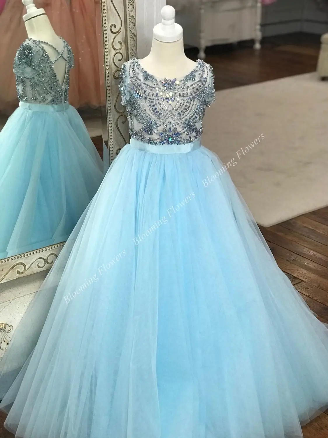 Little Miss Pageant Dress for Toddler Infant Baby Girl Kid 2019 Ballgown Ice Blue Blush Formal Birthday Wedding Guest Party Gown