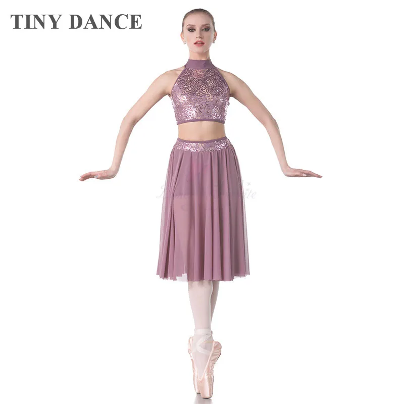 Purple Grey Sequin Lace Bodice Lyrical & Contemporary Dance Costume for Child and Adult Halter Neck Ballet Dancing Dress 18005