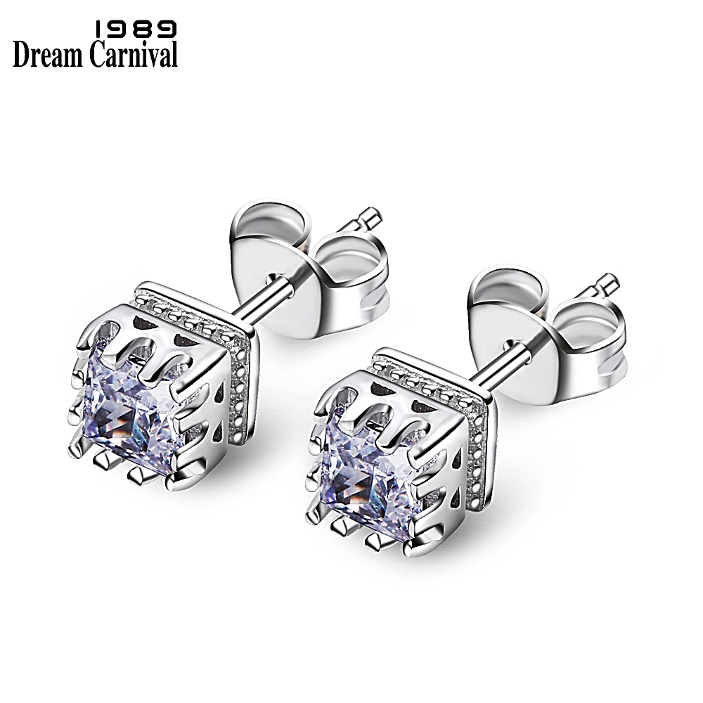 DreamCarnival 1989 Biggest Seller Square Crown Style Stud Earrings for Women AAA Zircon High Quality Everyday Jewelry SE11555RB