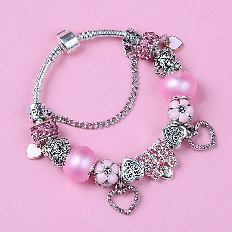 Leabyl Romantic Pink Crystal Heart Charm bracciali Color argento Little Love ciondolo Bead bracciale gioielli per le donne