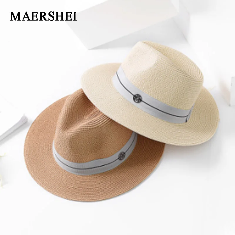 

MAERSHEI Summer sun hat for women British Fedora Panama flat brimmed straw hat Shading Lady fashion beach hat Jazz hat