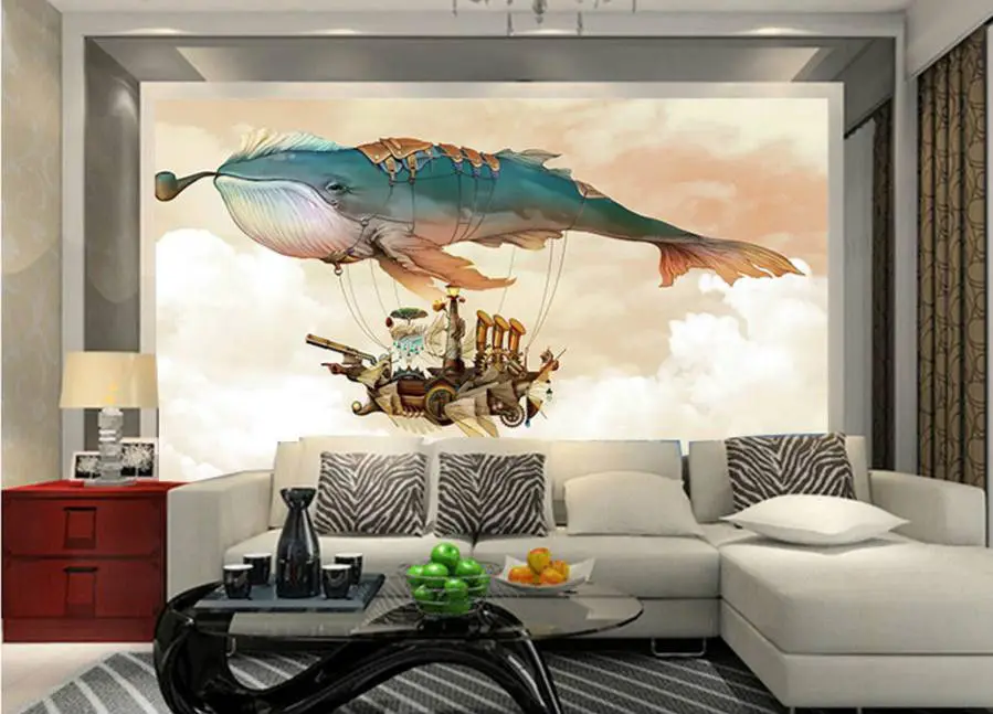 Custom Photo 3d Mural Cartoon Sky City Whale Castle Bedroom Background Wallpaper Children Room Environmental Protection