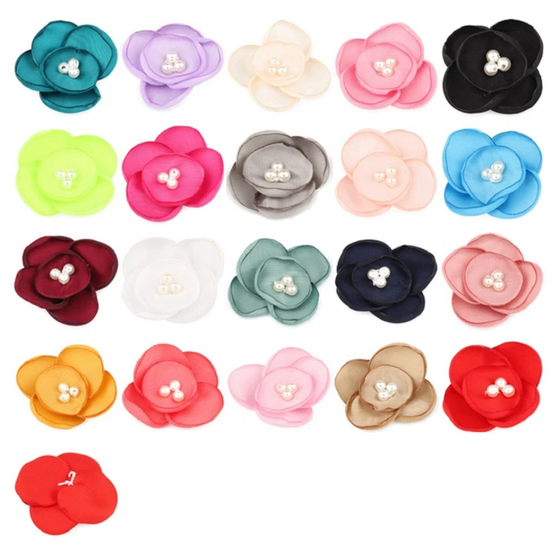 

50pcs/lot 5cm Chiffon Pearls Hair Clips Petals Burn Edge Fabric Hair Flowers For Kids Girls Hair Accessories Headbands DIY