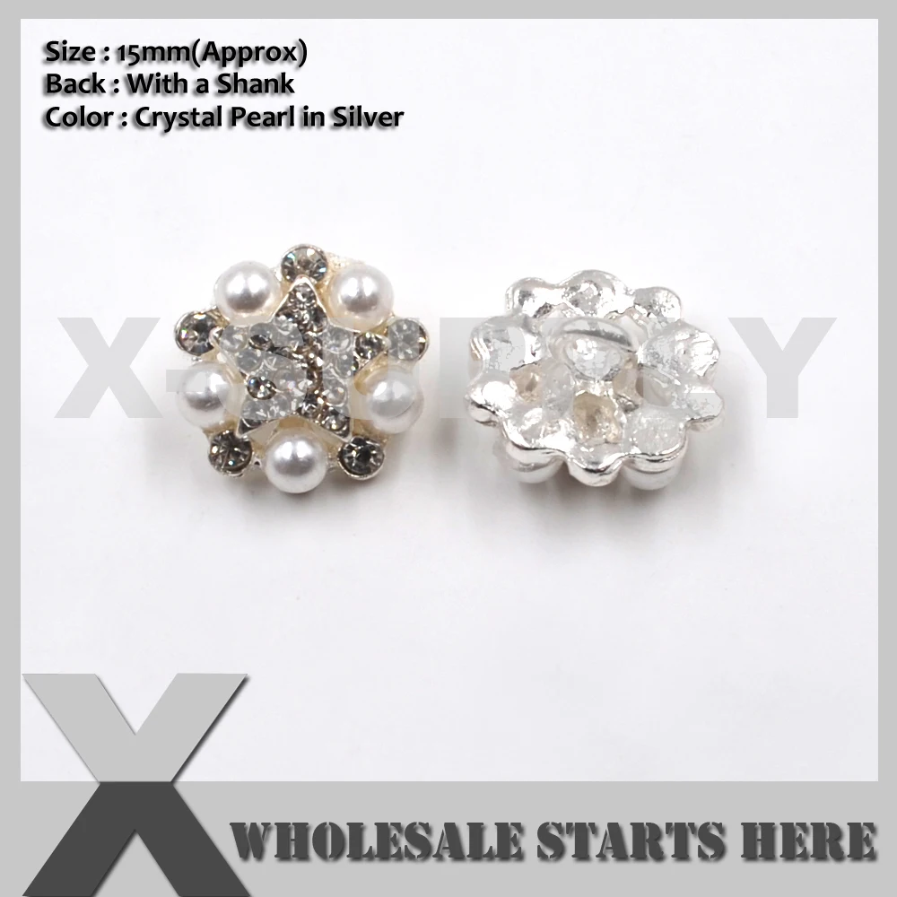 

15mm Round Silver Pearl Crystal Rhinestone Buttons,Used for Wedding Invitation,Brooch Bouquet,Flower Centers,Sewing