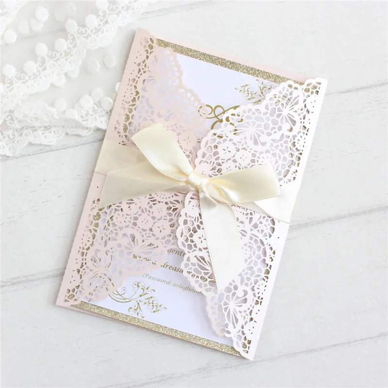 Flesh pink wedding invitations with glittery insert lace laser custom invite paper party decorations 50pcs