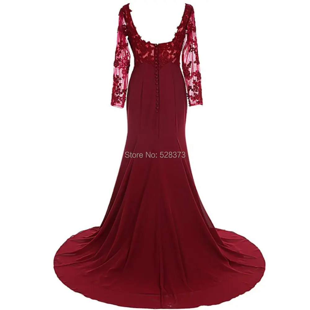 YNQNFS Real Photos MD17 Lace Appliqued Chiffon Elegant Long Sleeves Mother of the Bride/Groom Dresses Burgundy 2019