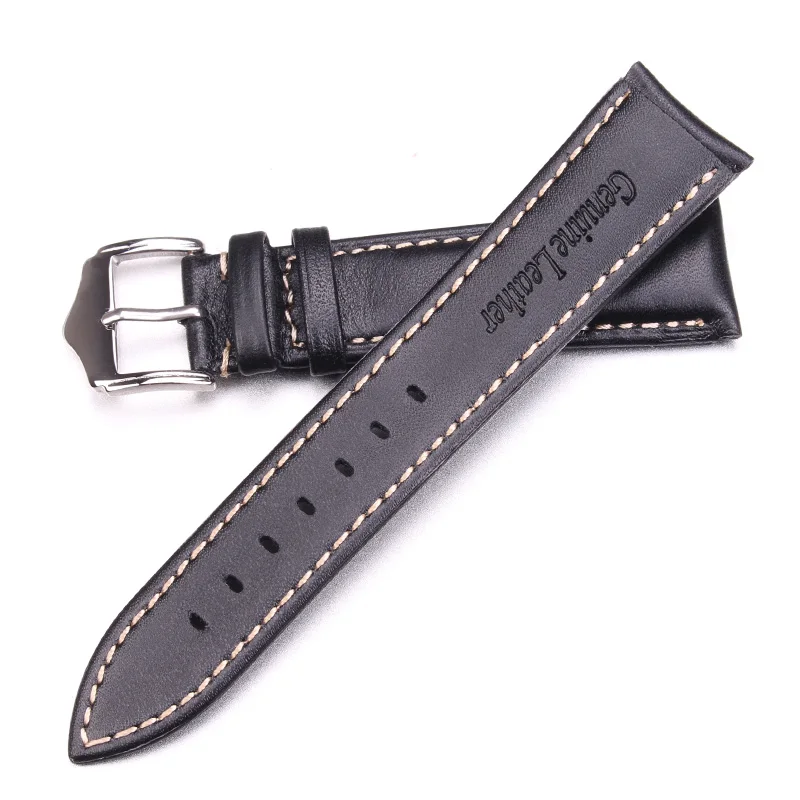 18 19 20 21 22 24mm Vintage Genuine Leather Watchbands Black Dark Brown Replacement Watch Band Strap Polished Metal Buckle