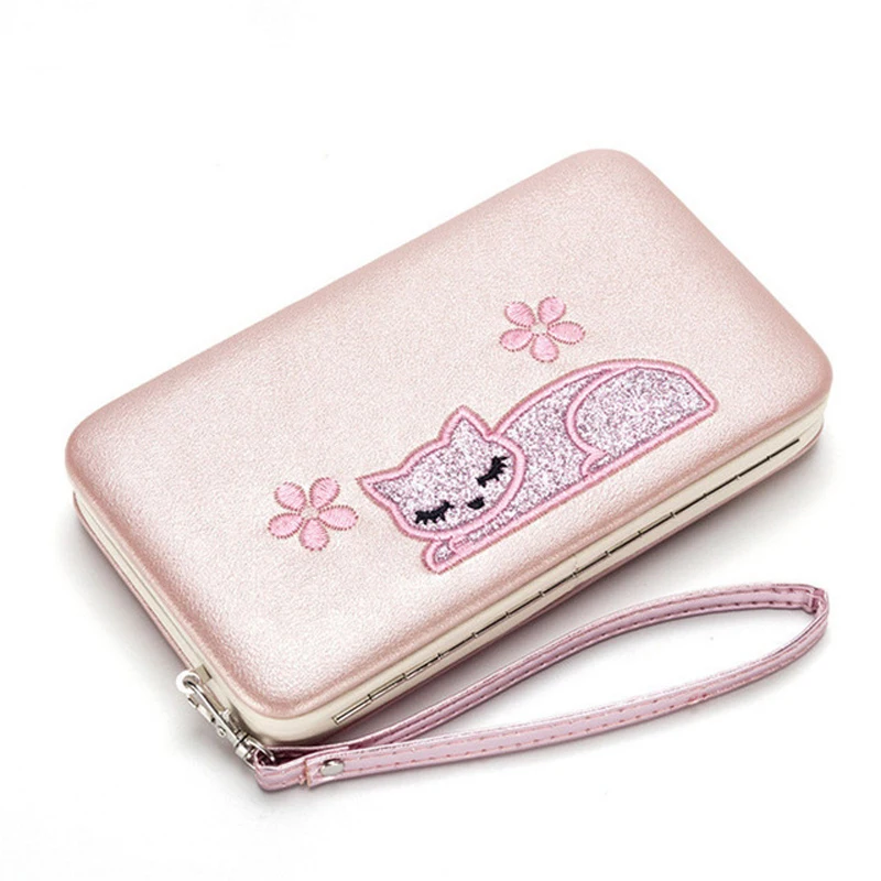 

New Cat Pattern PU Women Luxury Wallet Red Long Embroidery Ballet Girl Multicolor Womens Wallets and Purses Black Color 217