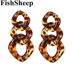 FishSheep Trendy Acrylic Leopard Link Chain Long Drop Earrings Statement Resin Big Circle Pendant Earring 2019 Fashion Jewelry