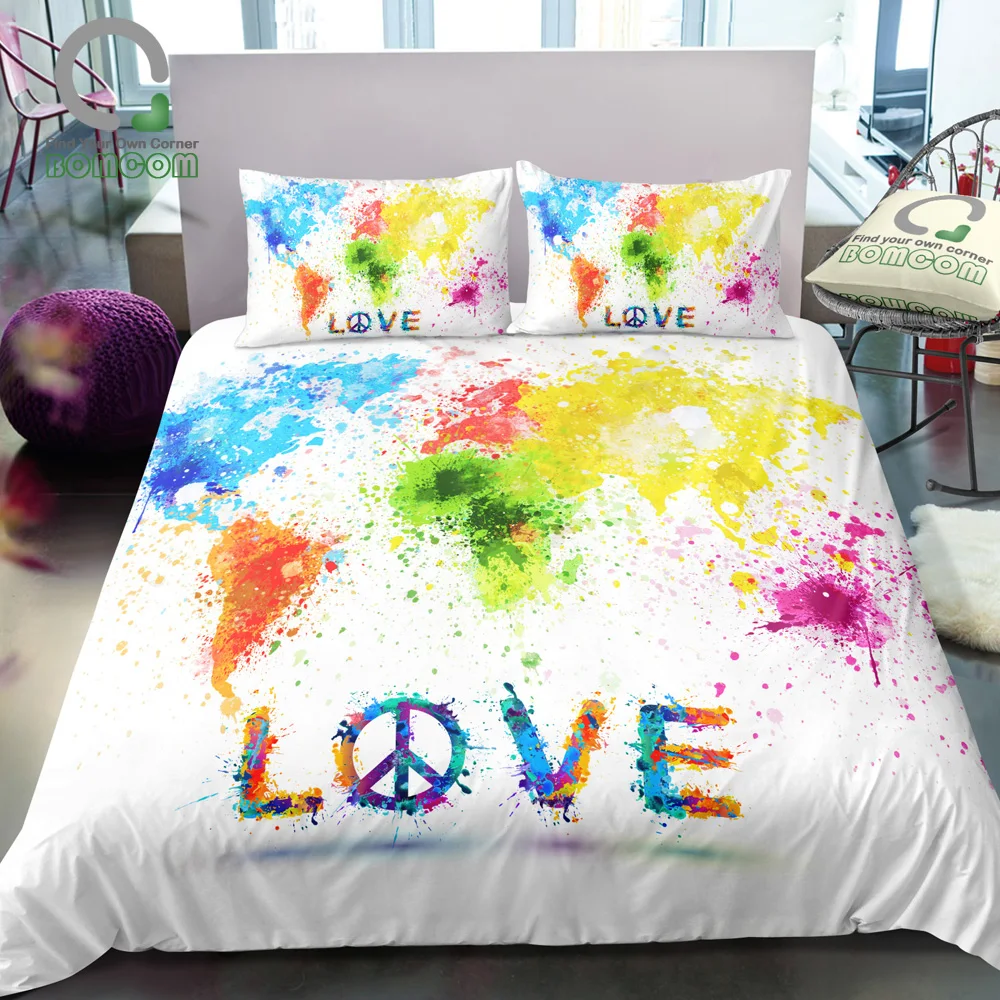 BOMCOM 3D Digital Printing Abstract Splashed Colored World Map Love Peace Love World Duvet Cover Sets 100% Microfiber