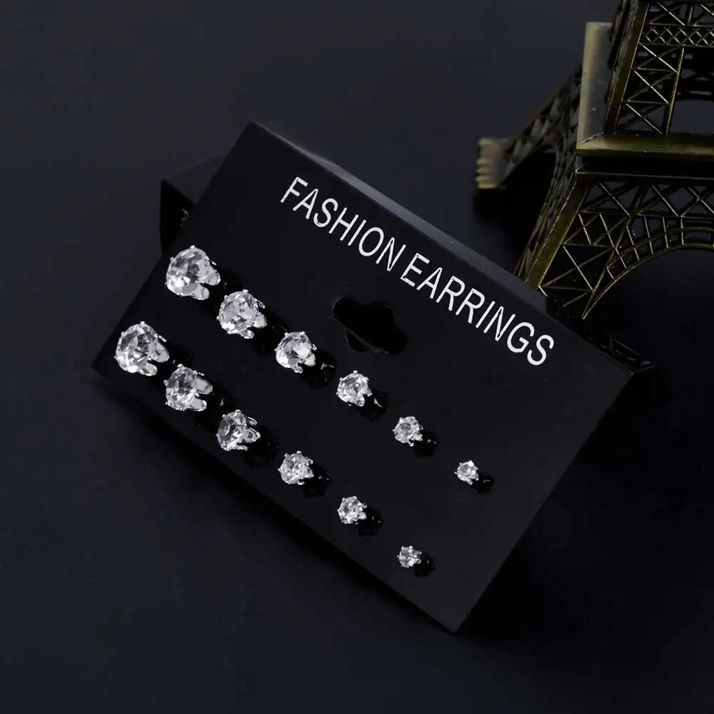 ALIUTOM Fashion 6 Pair/ set Punk Zircon Crystal Stud Earrings Set For Women Round Flower Gothic Design Brincos Jewelry Bijoux