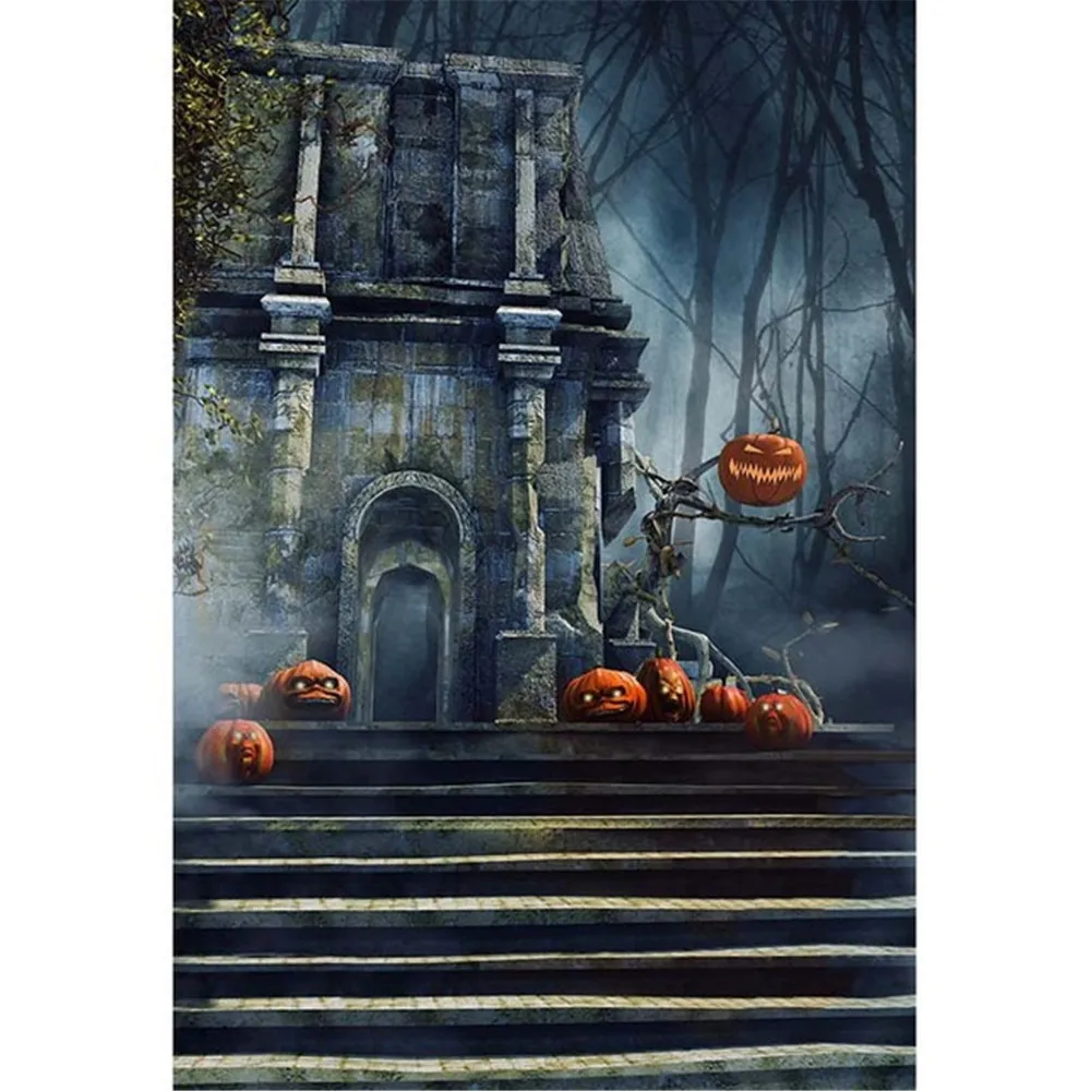 

Mysterious Forest Castle Backdrop for Photography Stairs Pumpkin Faces Lanterns Kids Children Halloween Themed Photo Backgrounds