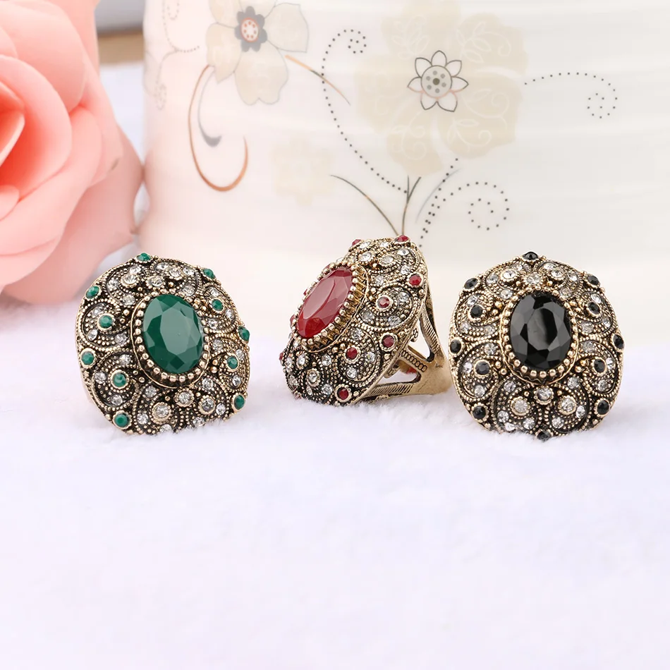 Vintage Indian Jewelry Boho Big Black Red Green Stone Ring Luxury Crystal Antique Gold Wedding Rings For Women 2020 New Arrivals