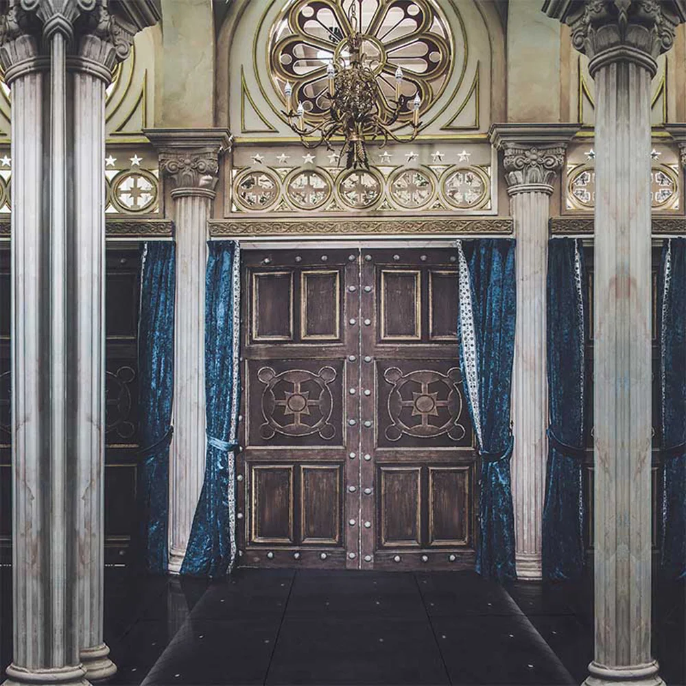 Wedding Photography Backdrops Vintage Door Stone Pillars Blue Curtains Chandelier Indoor Palace Party Photo Booth Background