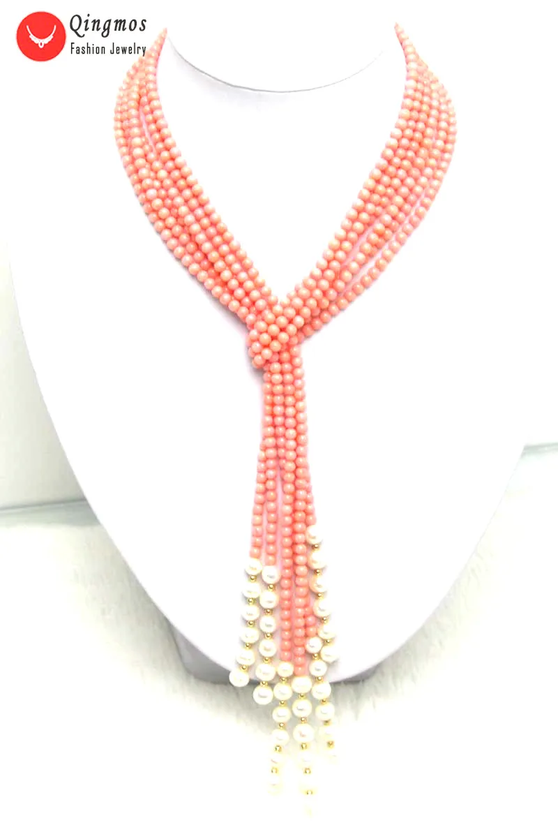 Qingmos 45'' Natural Coral Shawl Long Necklace for Women with 3 Strands 4mm Pink Coral Necklace & White Pearl Necklace Jewelry