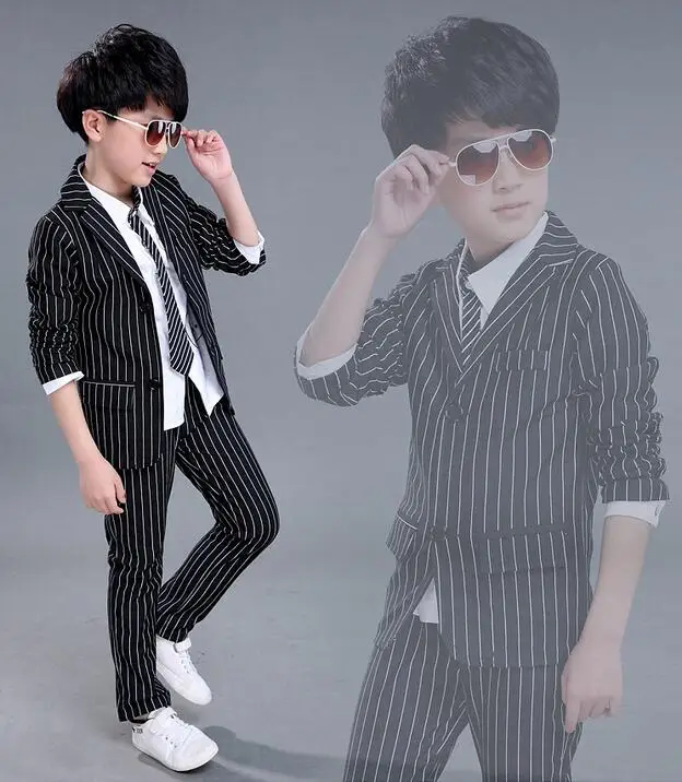 2017 Brand 2PCS Boys Solid Wedding Black and White Striped Suit England Style Gentle Boys Formal Suit Children Spring Clothing