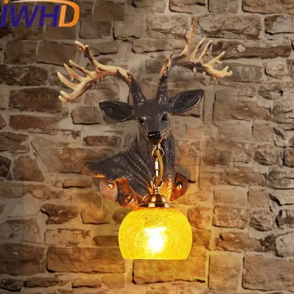 IWHD Deer head Resin Wandlamp Vintage Wall Lamp LED American Style Loft Industrial Glass Sconce Wall Light Fixture Home Lighting