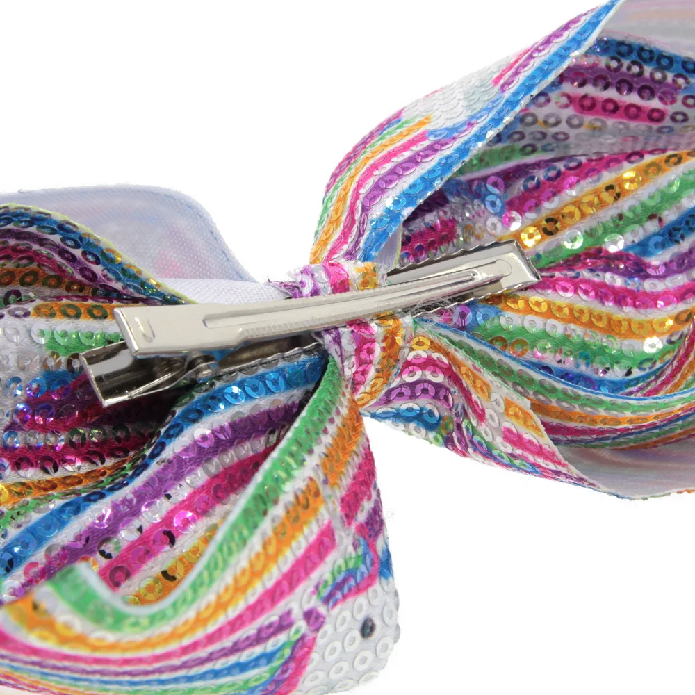 Wholesale 18cm Girl Hair Accessories Boutique Rainbow Shimmer Glitter Sequin Unicorn JOJO Hair Bow With Clip