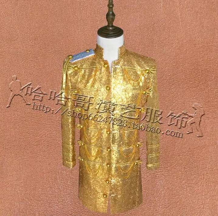 

Yellow Sequins Blazers Mens Long Suits Designs Masculino Homme Terno Stage Singers Clothes Men Jacket Star Style Dress Punk Gold