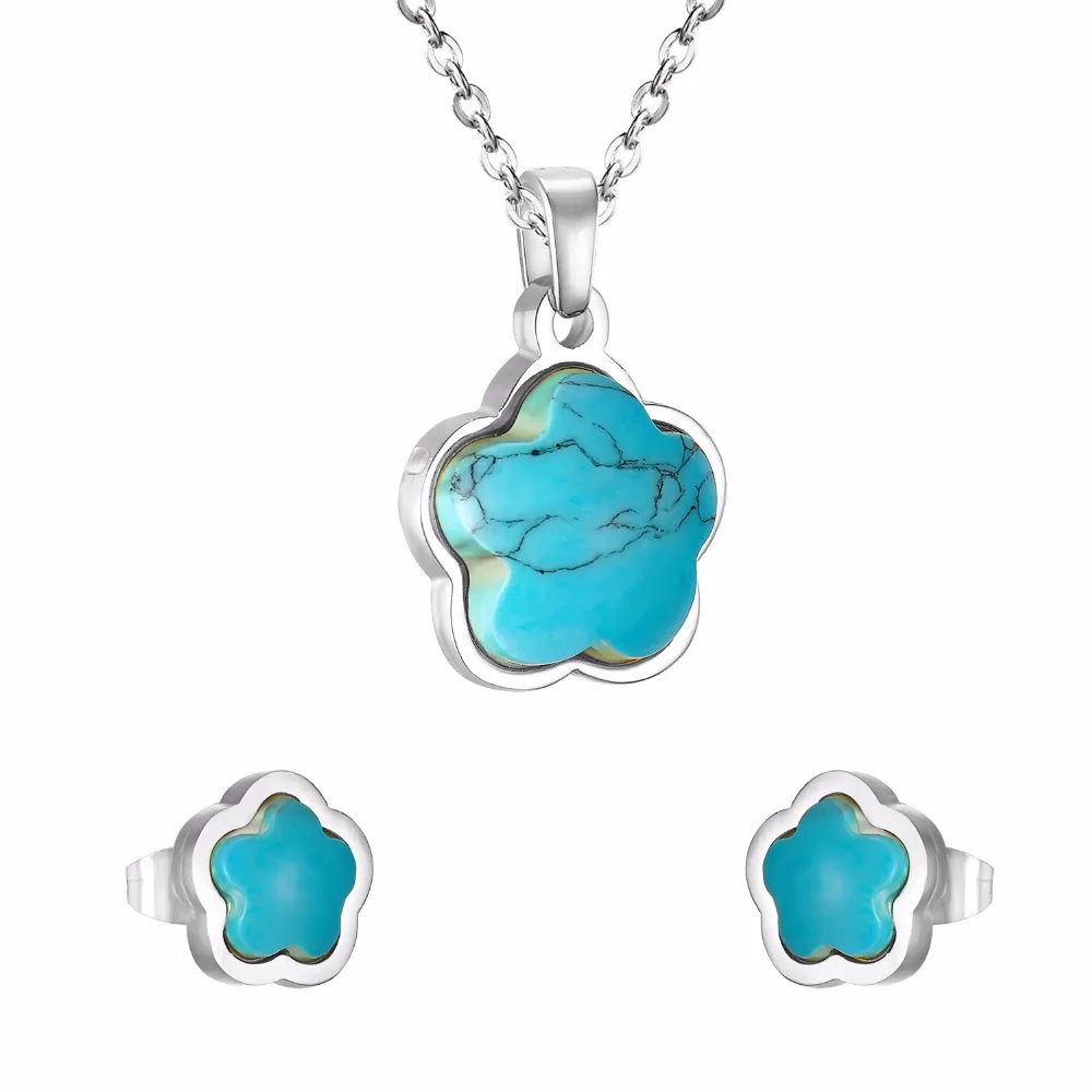 LUXUSTEEL set stainless steel Mujer 2020 Stainless Steel Blue Flower Shape Stone Pendant Necklace Earrings Brinco Party