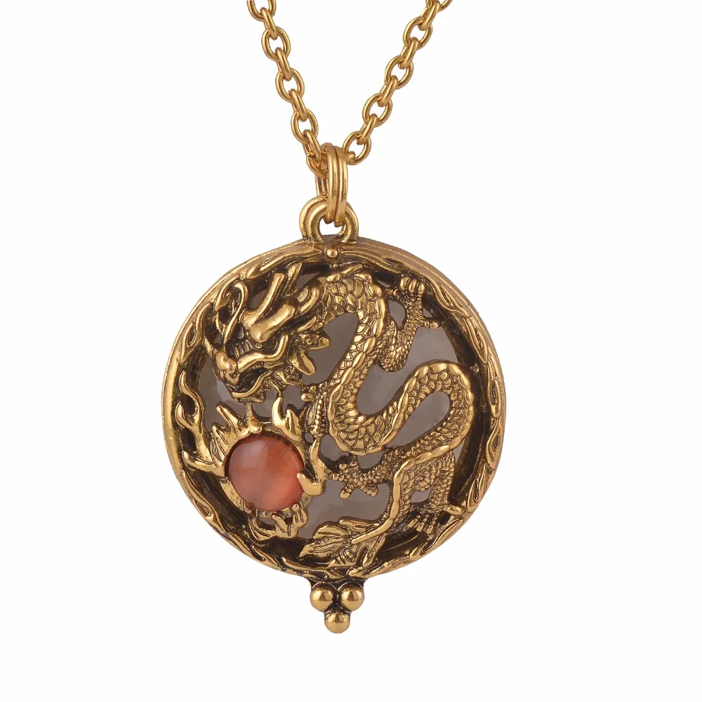 New Magnifier Glass Pendant Drangon with Stone bead Necklace Antique Gold Color jewelry opens and closes