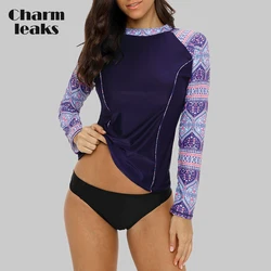 Charmleaks Women Long Sleeve Rashguard Floral Print Swimwear Surf Top Running Shirts Rash Guard UPF50+ Beach Wear