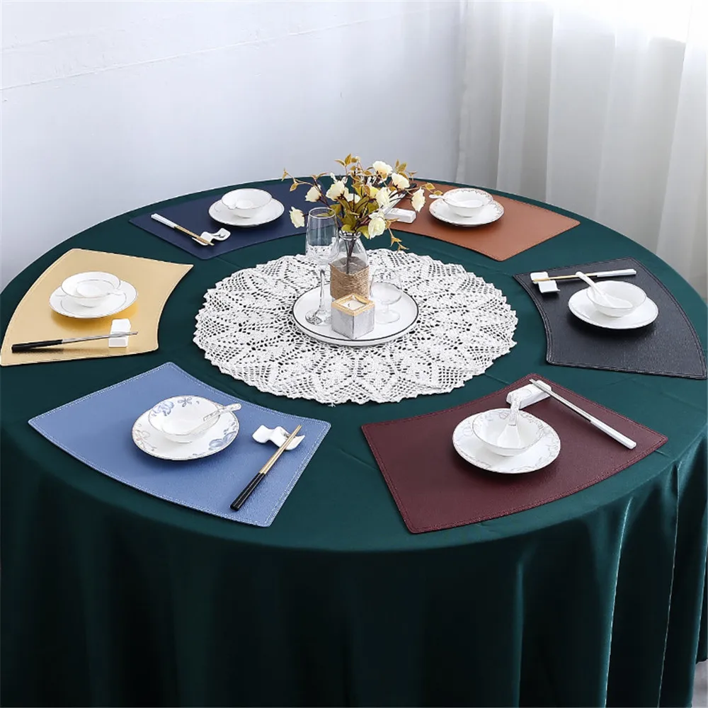 

Luxury PU Leather Placemat Trapezoid Blue Black Solid Table Mat Heat Insulation Waterproof Placemats Bowl Coaster 50*30cm 1PCS