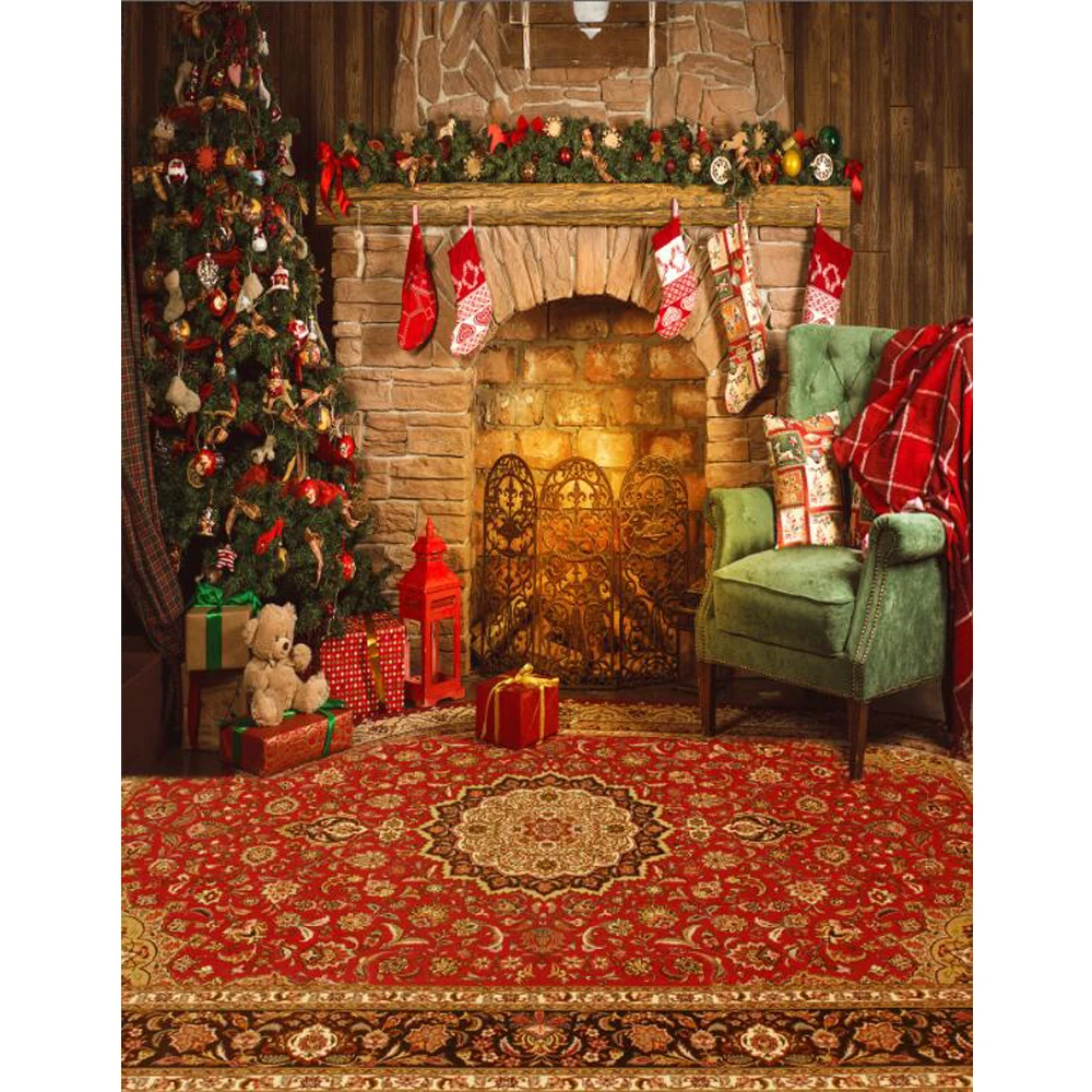 

Indoor Fireplace Christmas Backdrops for Photography Printed Xmas Tree Toy Bear Gifts Chair Kids Family Party Photo Background