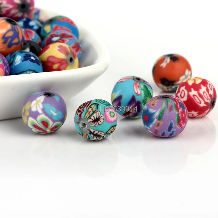 

10MM 200pcs/lot Mixed Colors Flower Ball Round Polymer Clay Beads Handpainted Fit Bracelet Beads DIY Finding Accessory