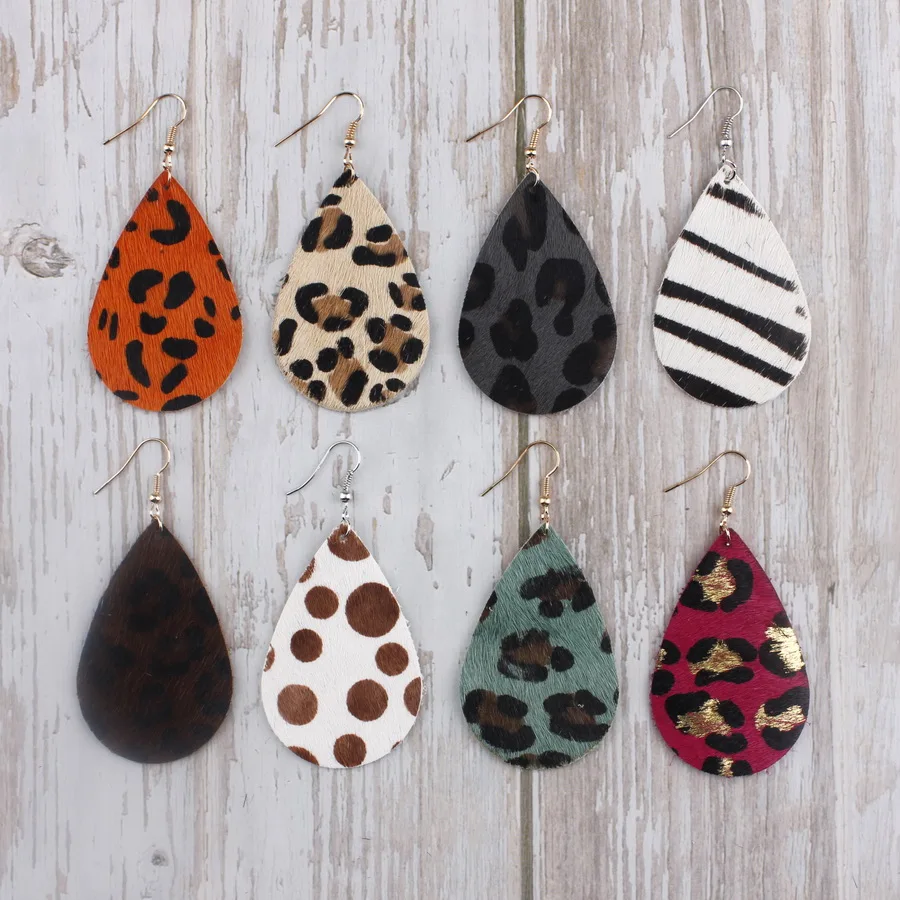 2019 Genuine Leather Leopard Print Teardrop Earrings  Leather Zebra-Stripe Dot Water Drop Earrings For Women  Accessories