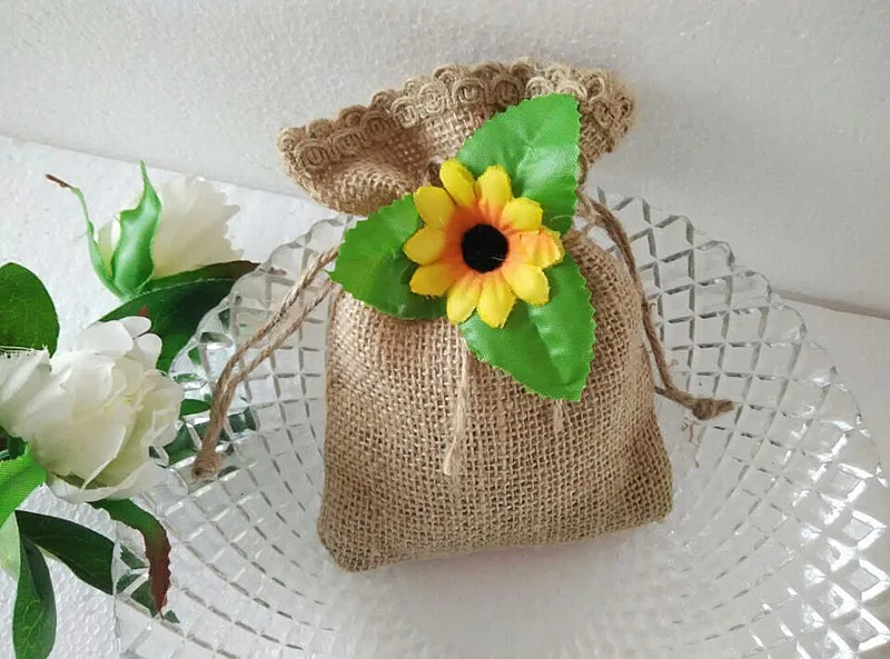 Elegant Sunflower Jute Hessian Burlap Candy Bags Wedding Candy Gifts Bags Birthday Party baby shower favors