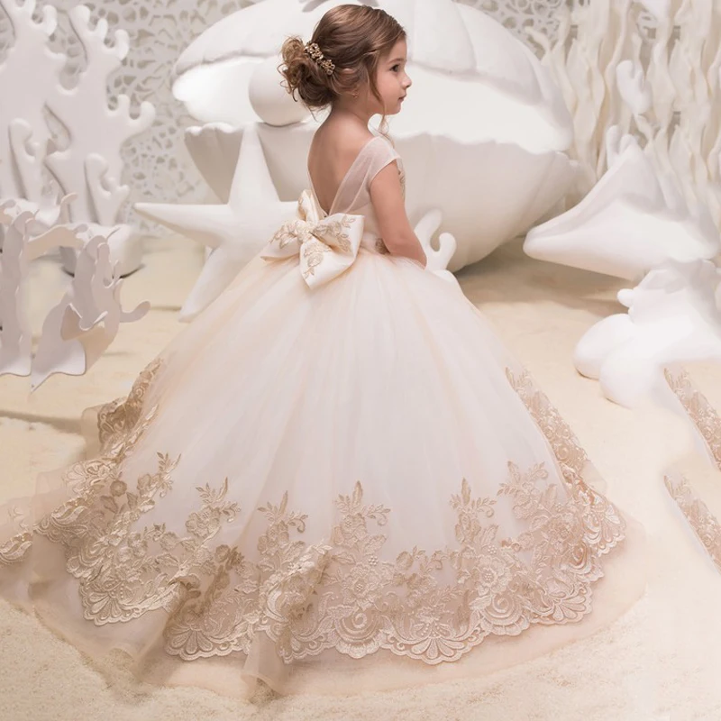 New First Communion Dress Lace Appliques Sleeveless O-Neck Children's Princess Girls Ball Gown Custom Made Flower Girl Dresses