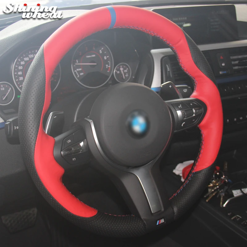 ساطع القمح أسود جلد أحمر عجلة توجيه سيارة غطاء ل BMW F87 M2 F80 M3 F82 M4 M5 F12 F13 M6 F85 X5 M F86 X6 M F33 F30