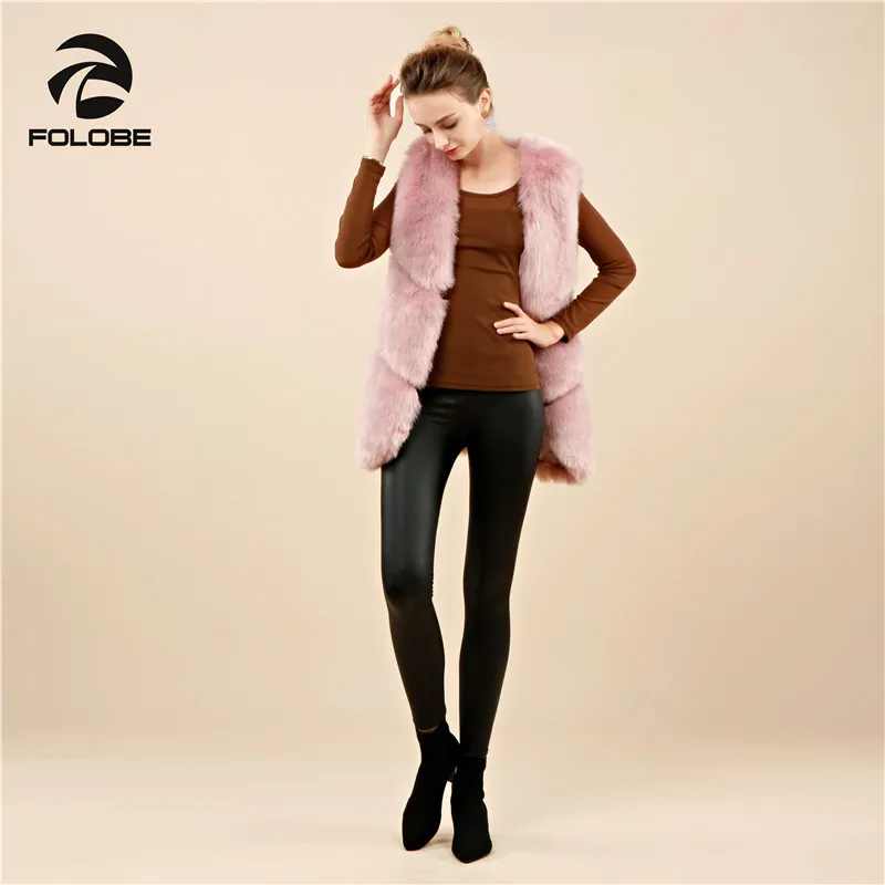 FOLOBE Faux Fox Fur Vest Winter Coat For Women Waistcoat Long Slim Fake Fur Coats Gilet Warm Skinny Pink Coats Women Jackets