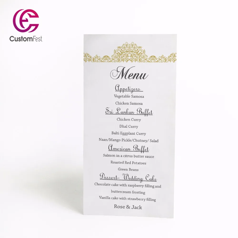 50pcs/lot Personalized menu Gold decorated menu whole set available MU005