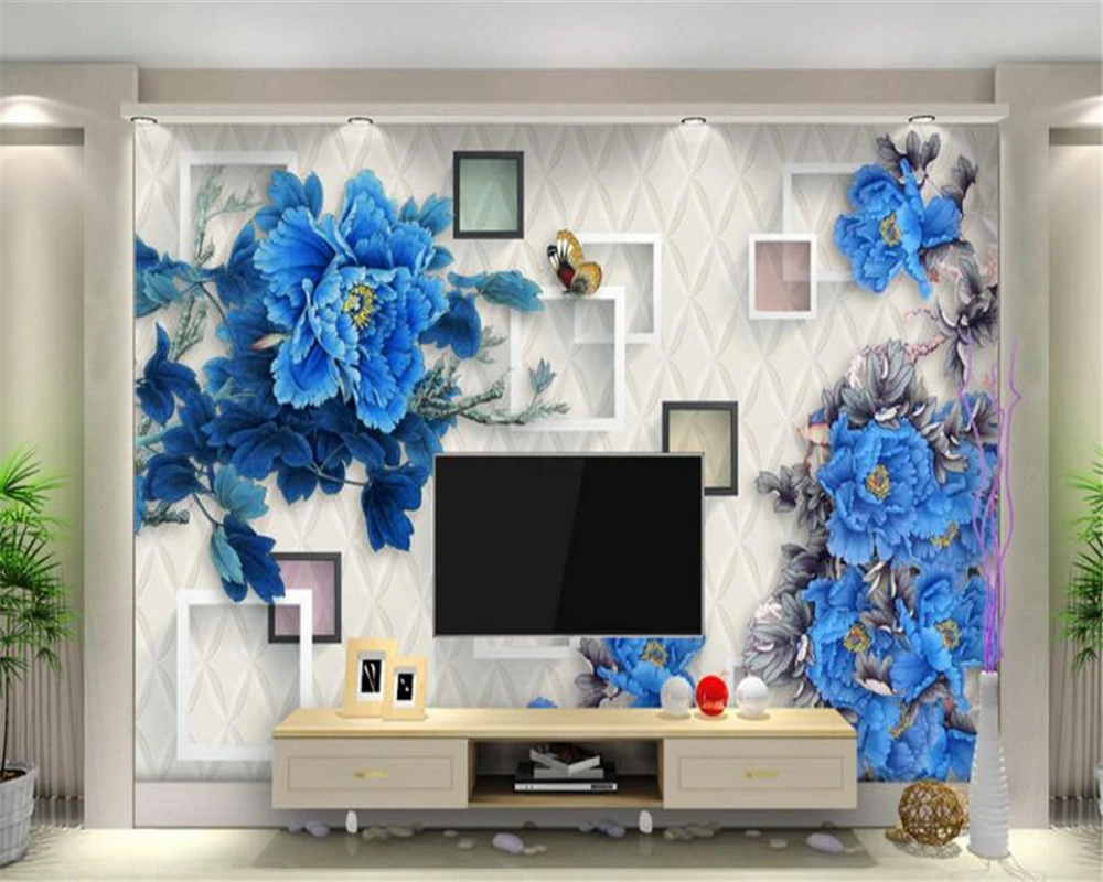 

Beibehang 3d wallpaper living room bedroom mural blossom rich blue peony 3D TV background wall murals wallpaper papel de parede