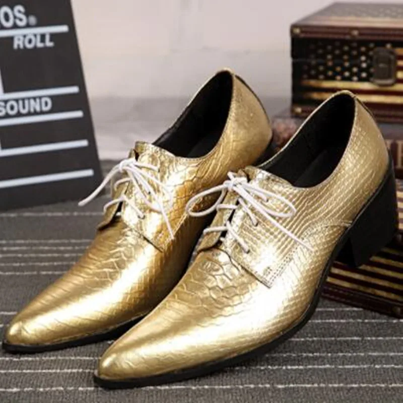 Zapatos hombre mens shoes high heels pointy wedding shoes gold genuine leather formal shoes men snake skin fashion loafer