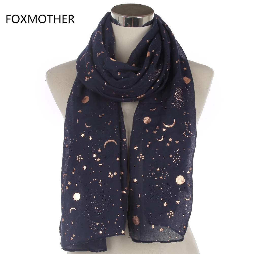 FOXMOTHER-bufanda de lámina dorada para mujer, color azul marino, estrella, Luna, regalos de Navidad, 2021