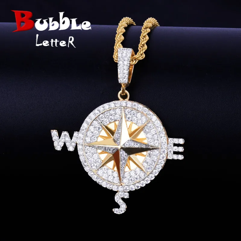 Compass Shape Necklace & Pendants Gold Color Iced Cubic Zircon Men's Hip Hop Jewelry