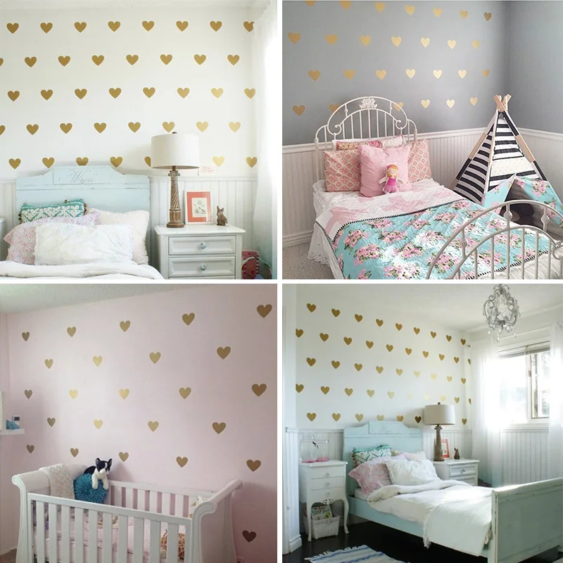 Cartoon Gold Heart-shaped Wall Stickers For Kids Rooms Girls Gifts Wallpaper Home Decor Easy Apply Hearts Love Art Mural Decals